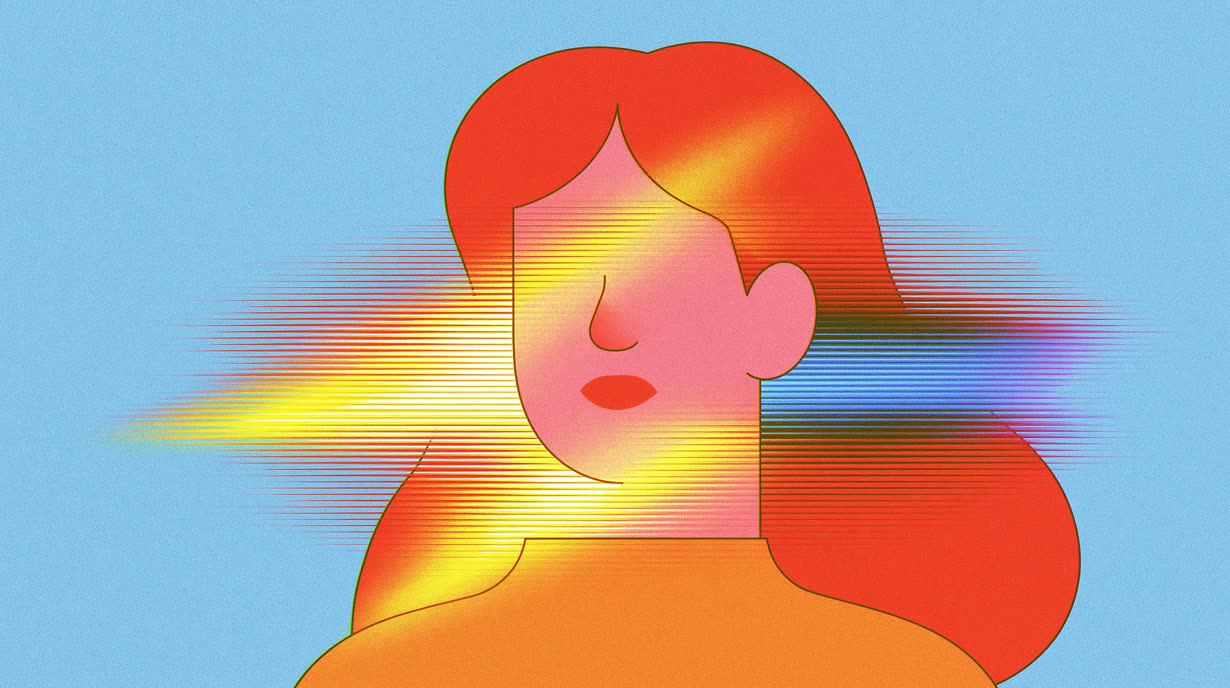 Illustration of a person in profile, a prismatic band of light crossing their eyes.
