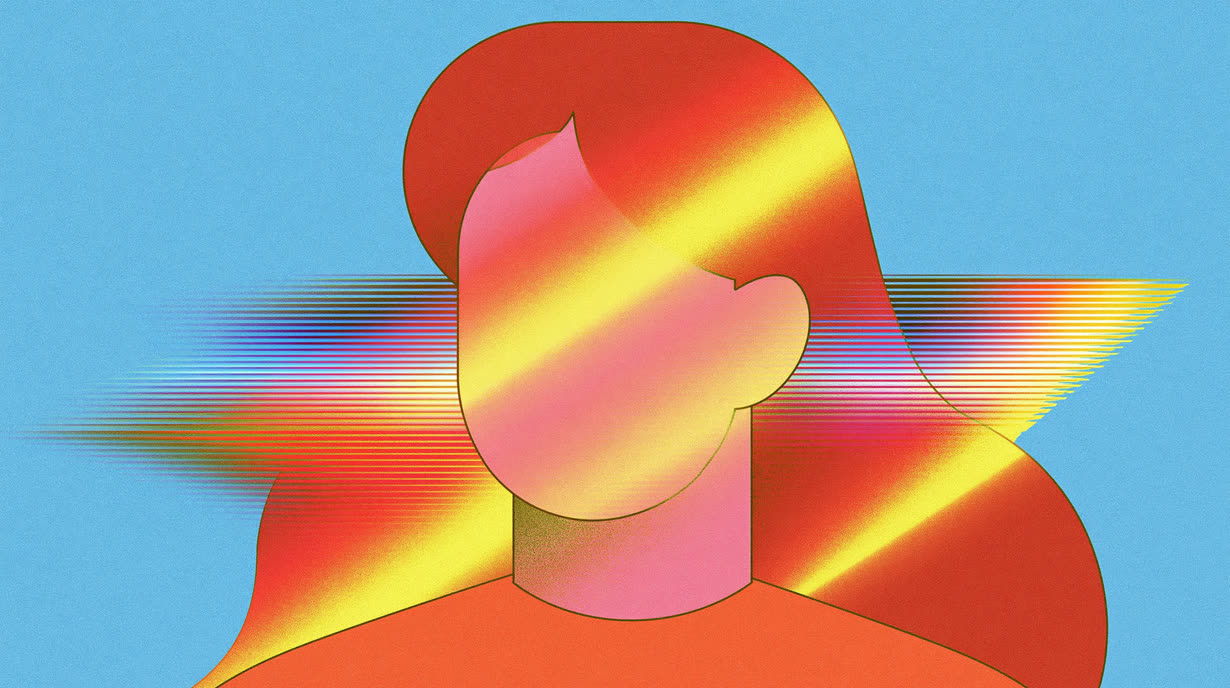 Illustration of a faceless figure, head bowed, washed in a full beam of prismatic light.