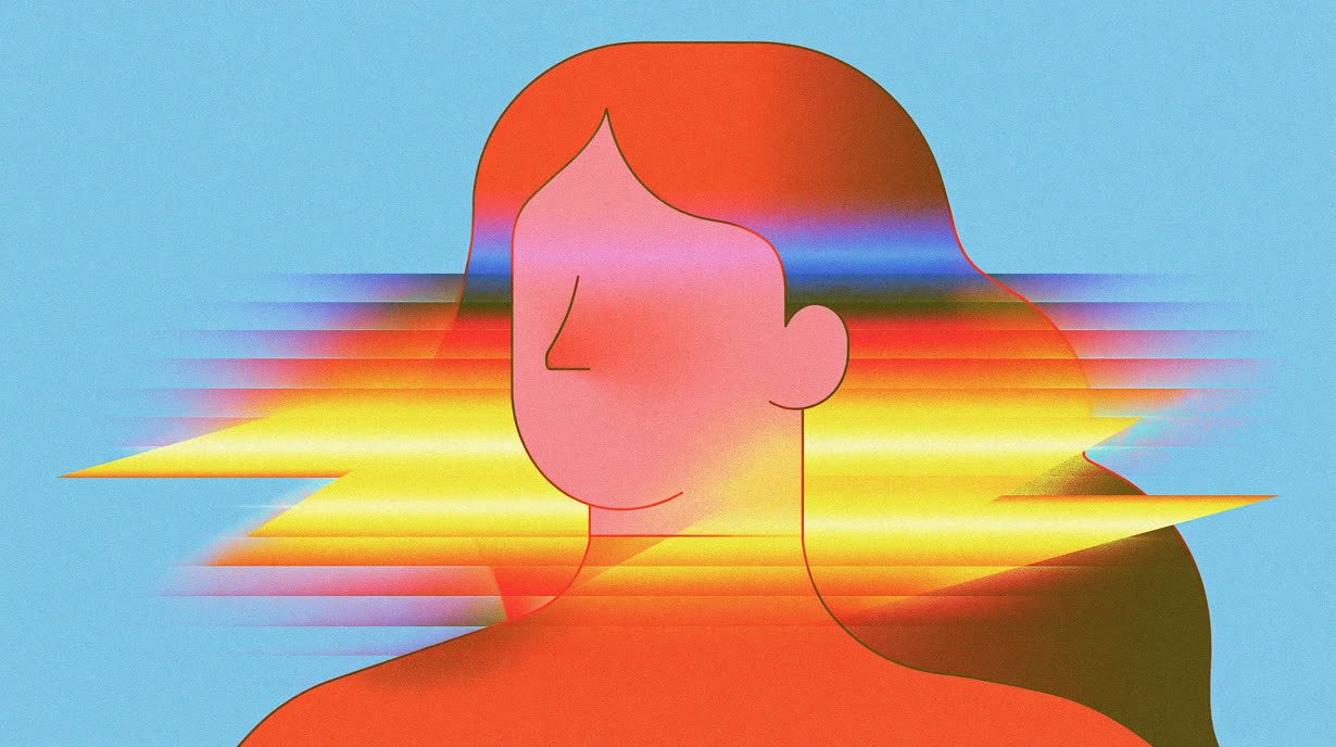 Illustration of a person in profile with bands of blue and gold light streaming past.